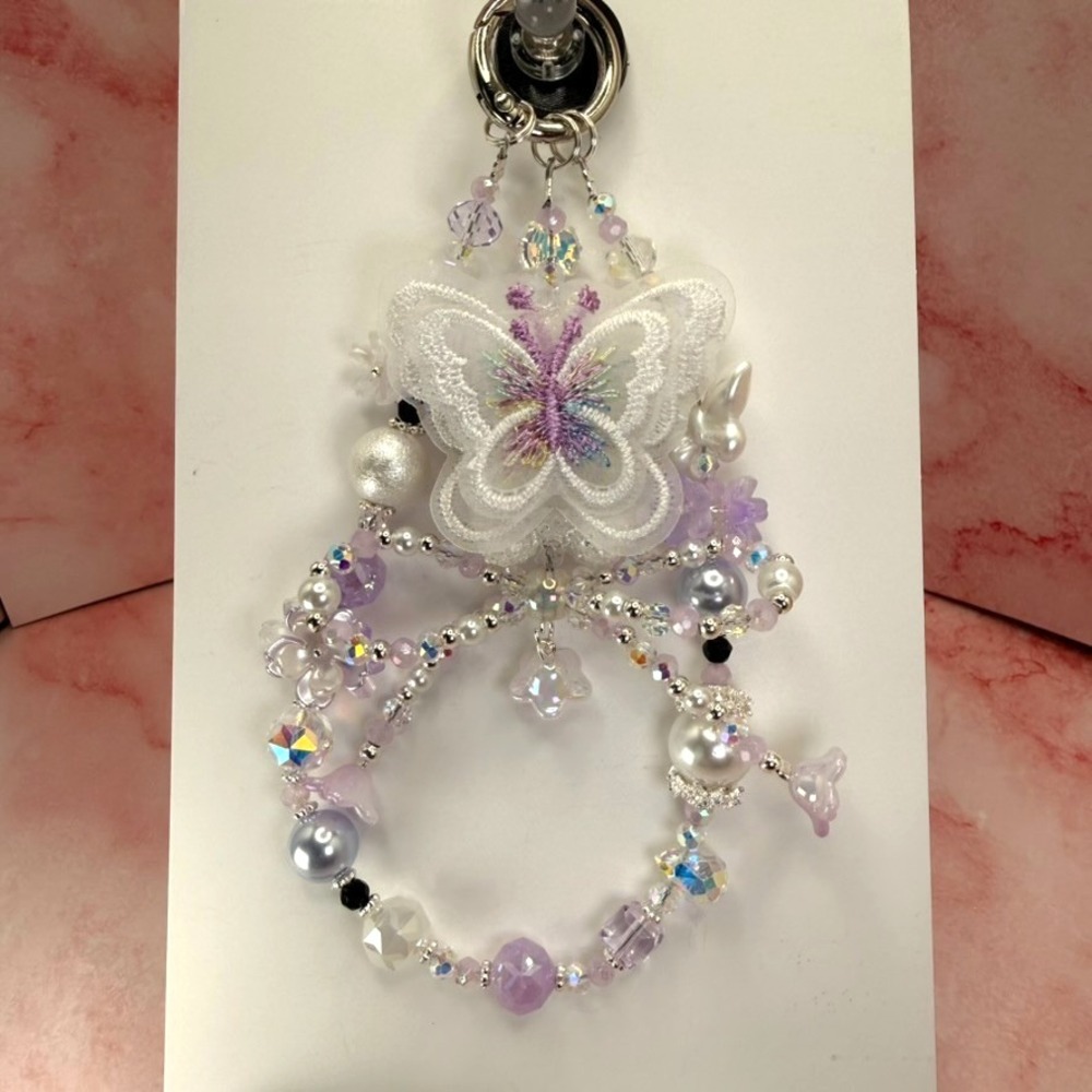 Butterfly Teddy Bear Phone Wristlet Purple Glass Bead Pearl Keychain Handmade